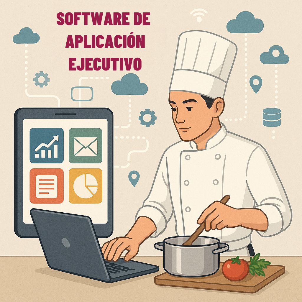 Esta imagen muestra a un chef profesional vestido con su tradicional uniforme blanco y gorro, trabajando en una cocina moderna. Frente a él hay una laptop abierta y una olla sobre la mesa que él remueve con una mano, mientras con la otra utiliza el teclado. A un lado, una gran tableta digital muestra íconos coloridos de aplicaciones: un gráfico de barras, un sobre de correo, una lista y un gráfico circular, representando software de gestión y comunicación.

Al fondo, flotan iconos tecnológicos como engranes, nubes, ubicaciones y bases de datos, todos conectados por líneas que simbolizan la interconexión digital. 
